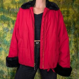 Vintage Red And Black Puffer Jacket with Fur Trim